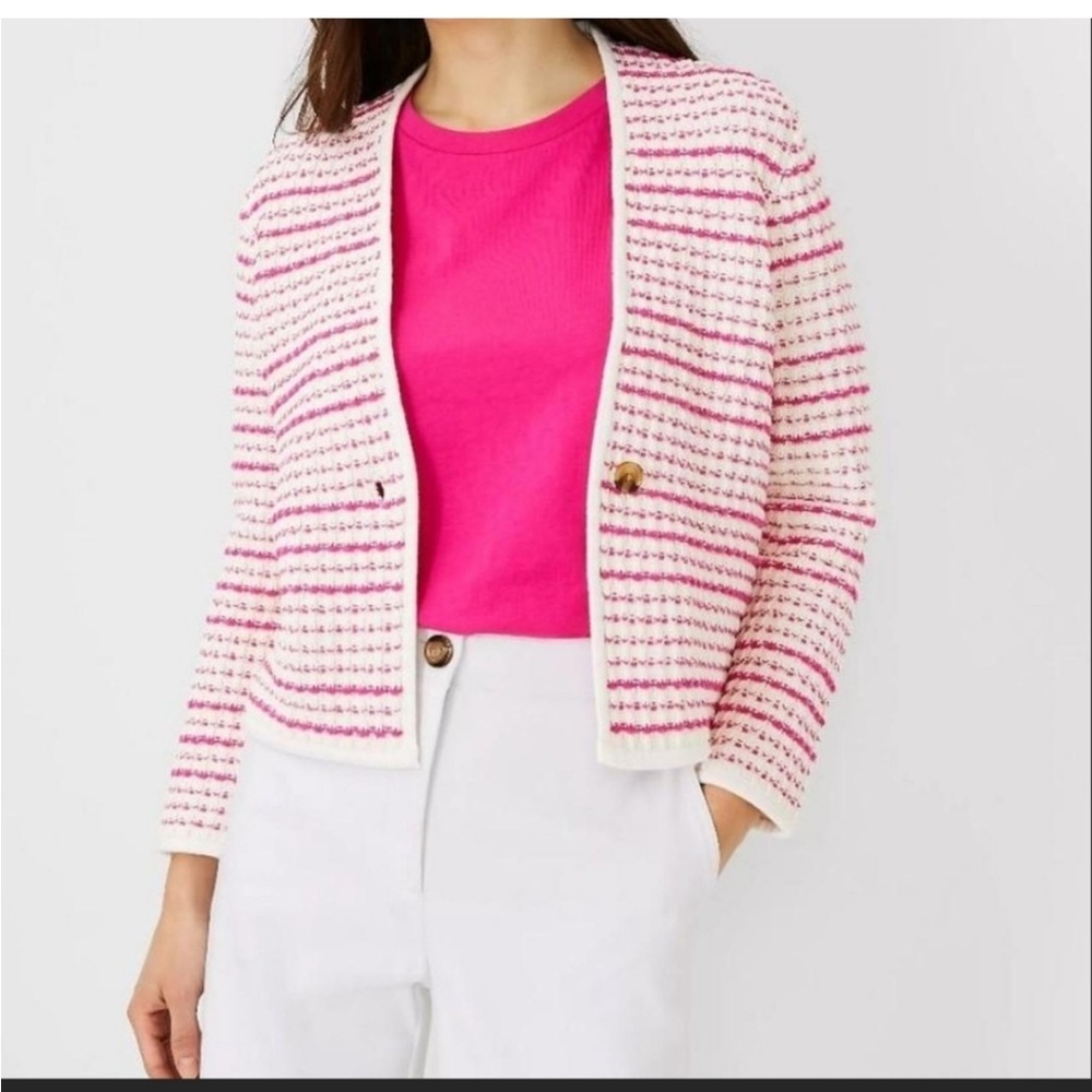 Ann Taylor Cream and Pink Striped Tweed Cardigan